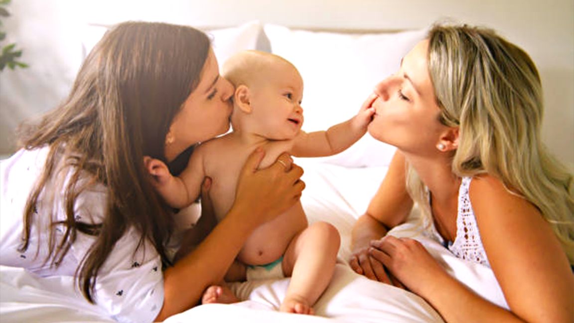 Two Lesbian Mother And Baby On Bed Having Fun Picture Id1169746032 72px