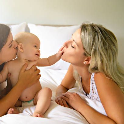Two Lesbian Mother And Baby On Bed Having Fun Picture Id1169746032
